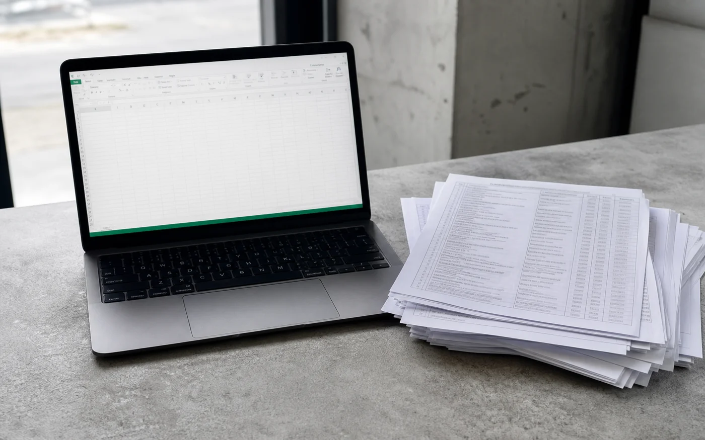 Пустой лист Excel напротив стопки бумаг