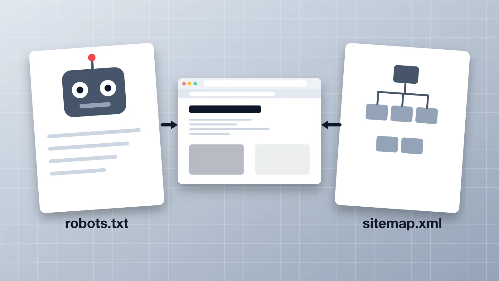 Два документа: robots.txt с роботом и sitemap.xml со схемой, рядом окно сайта