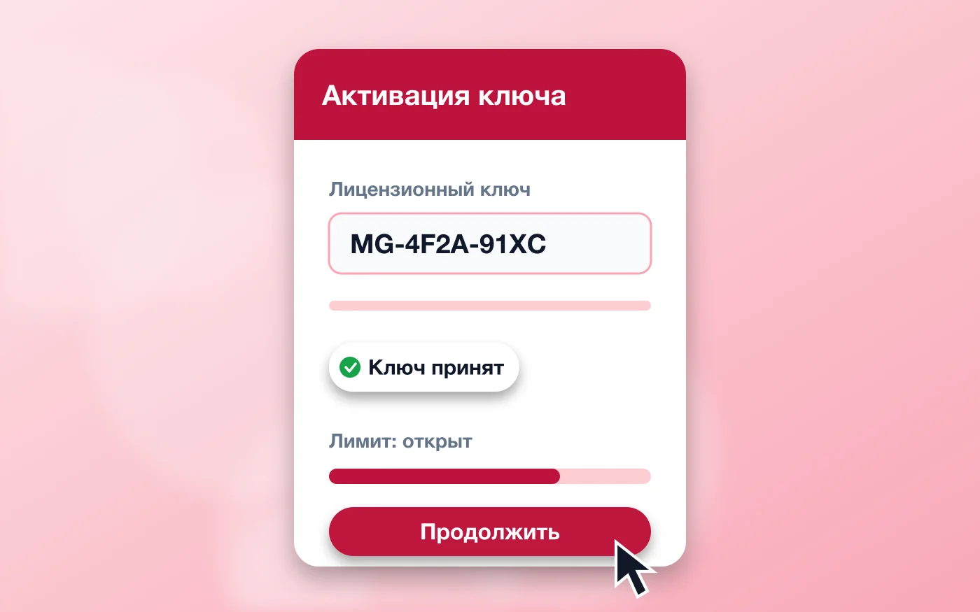 Окно активации с полем лицензионного ключа и кнопкой продолжения