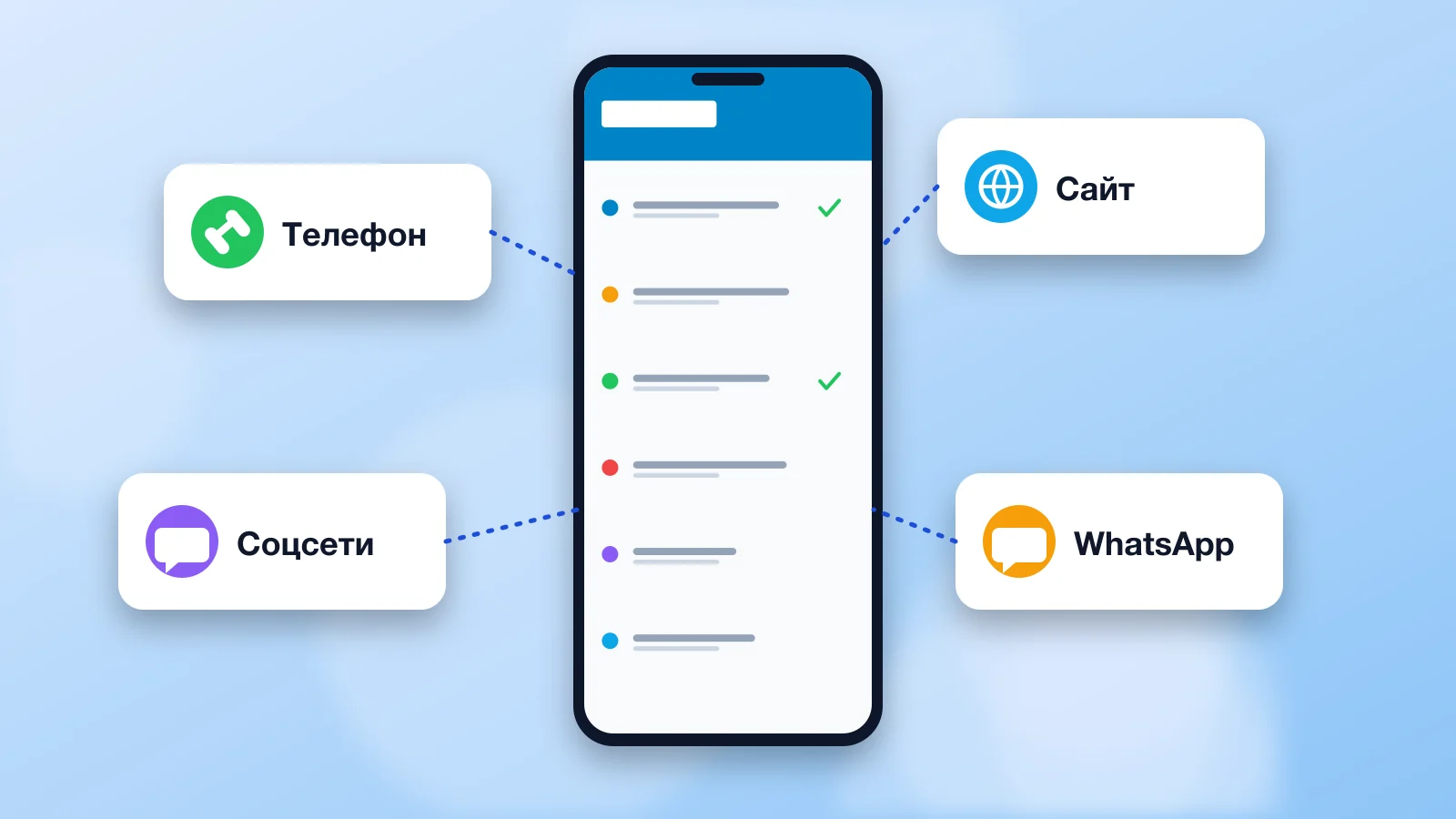 Смартфон со списком контактов и карточки: телефон, сайт, соцсети и WhatsApp