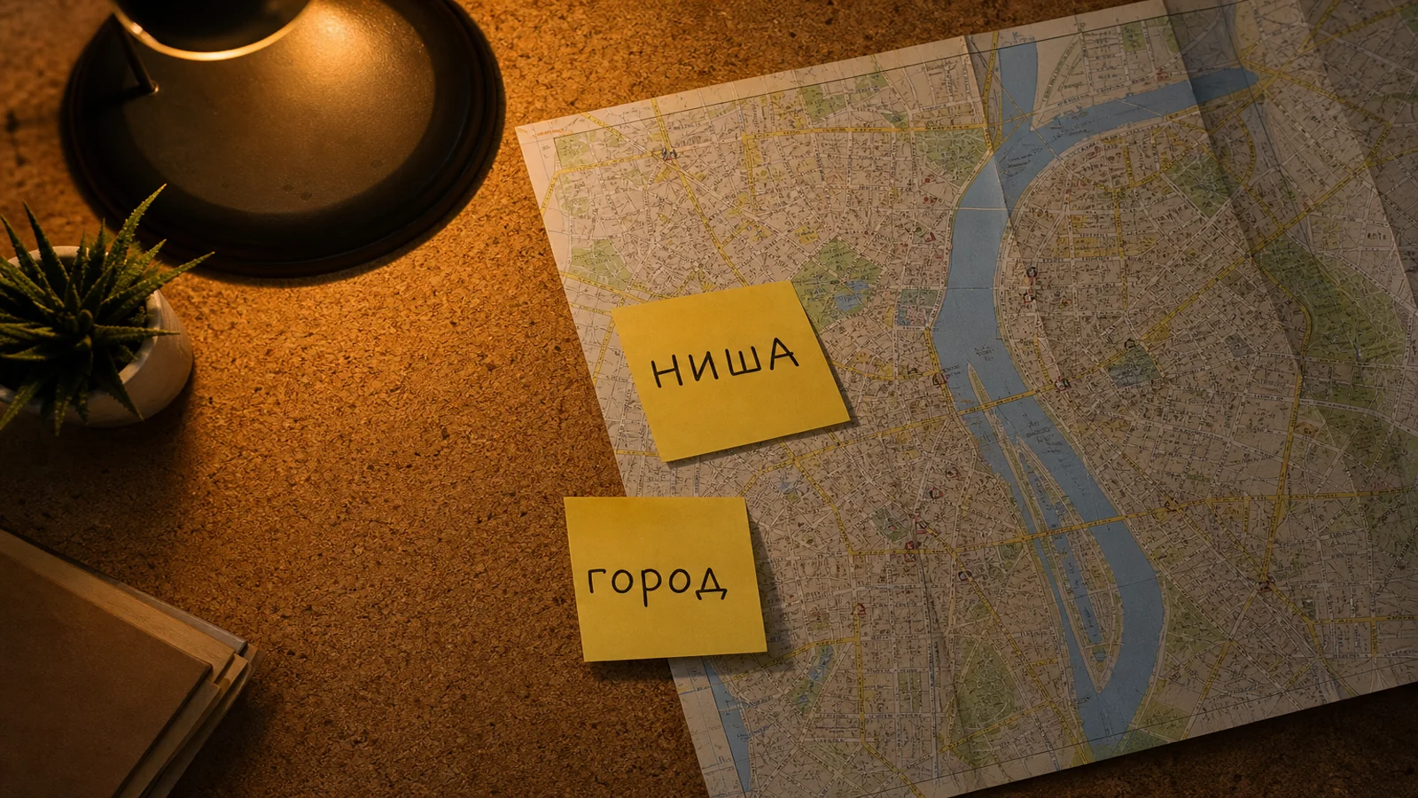 Бумажная карта города и стикеры «ниша» и «город»