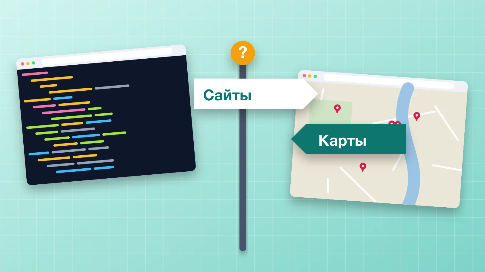 Указатель с двумя направлениями: окно с кодом сайта и окно с картой
